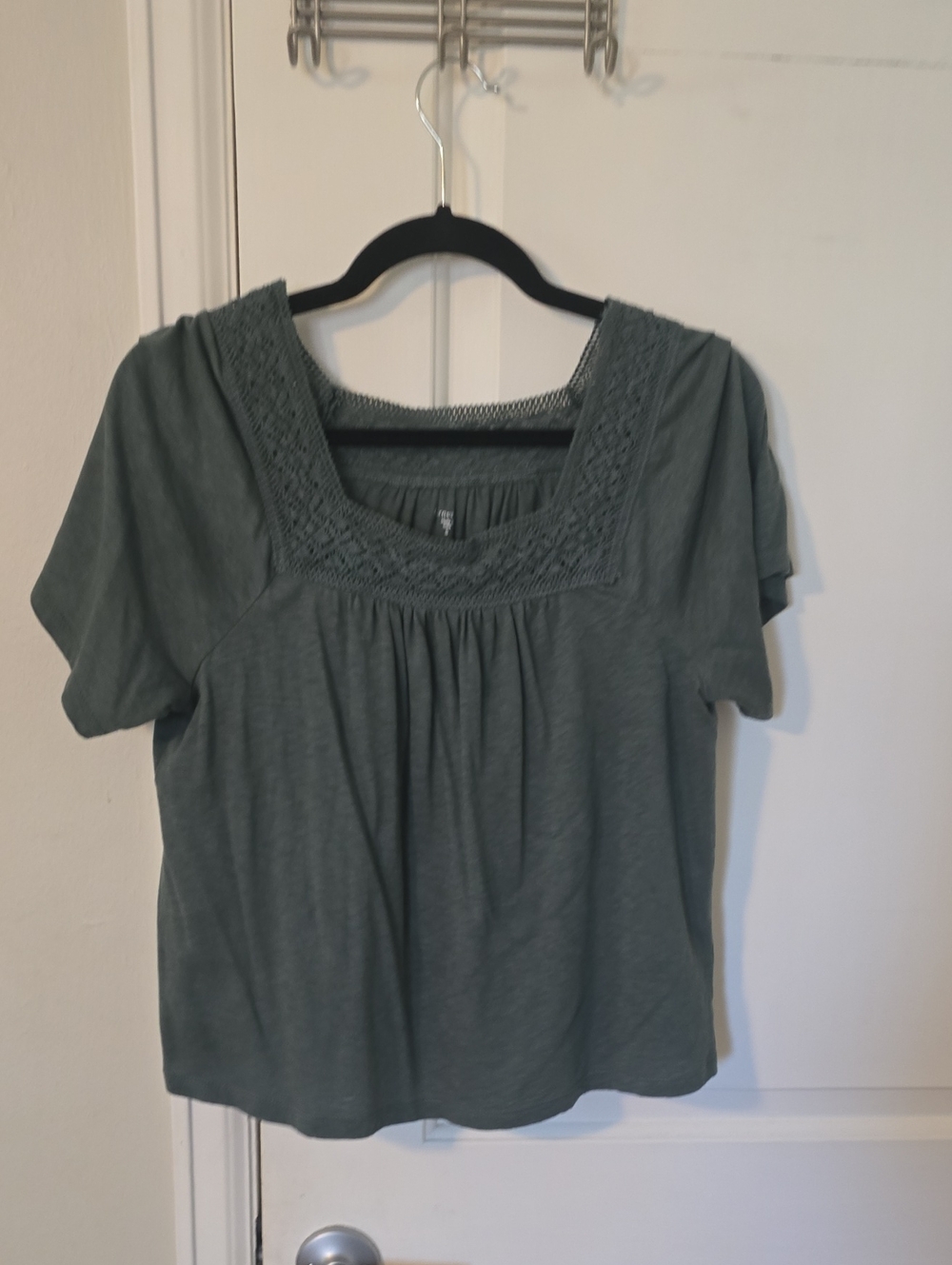 Garnet Hill Crocheted Square-Neck Short Sleeve Top - Olive Green